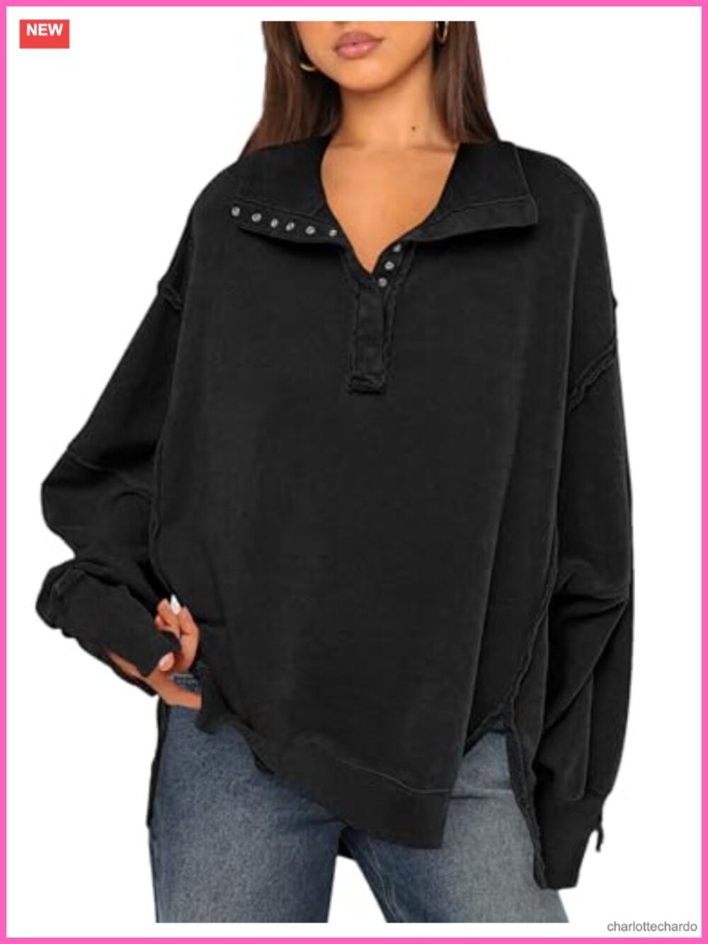 Oversized Henley Button Sweatshirt Long Sleeve Pullover Drop Shoulder